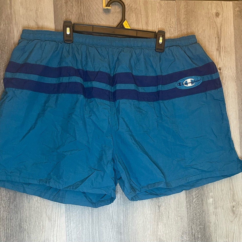 Champion Teal Blue Shorts with Navy Stripes